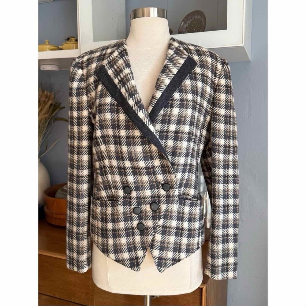 Louis Féraud Vintage Plaid Check Wool Double-Breasted Blazer Jacket Sz 8